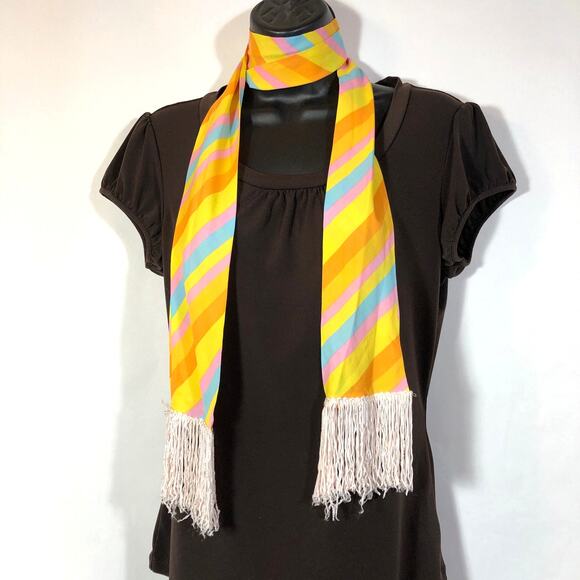 Striped Scarf in Pink Yellow Blue Orange, Retro Vintage Fringed Pastel Office - Picture 3 of 10